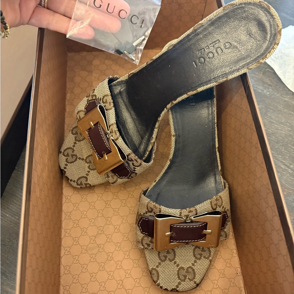 Gucci Women's Beige and Brown Monogram Mules